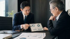 資料とデータを確認しながらM&Aの進め方を相談する場面