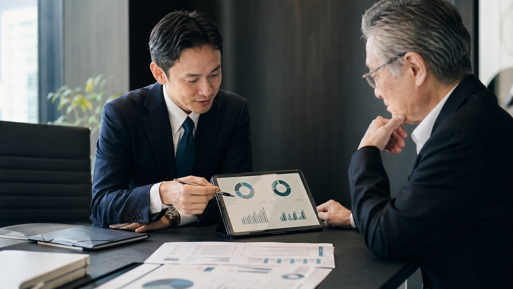 資料とデータを確認しながらM&Aの進め方を相談する場面