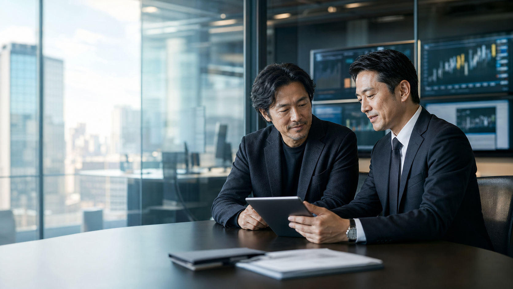 メディア企業オーナーとM&Aアドバイザーが相談している画像
