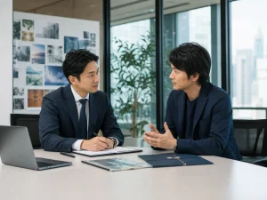 メディア事業オーナーがアドバイザーに秘密保持前提で相談している様子