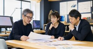 アニメ制作会社のM&Aに向けて事業承継資料を確認する3人