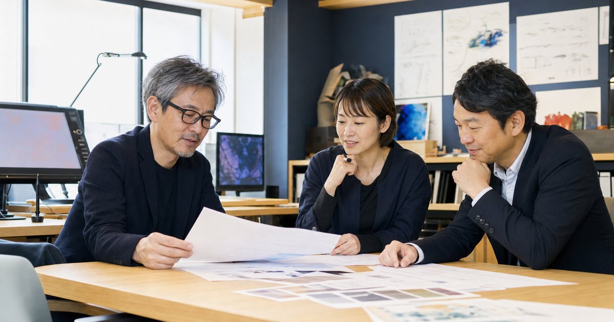 アニメ制作会社のM&Aに向けて事業承継資料を確認する3人