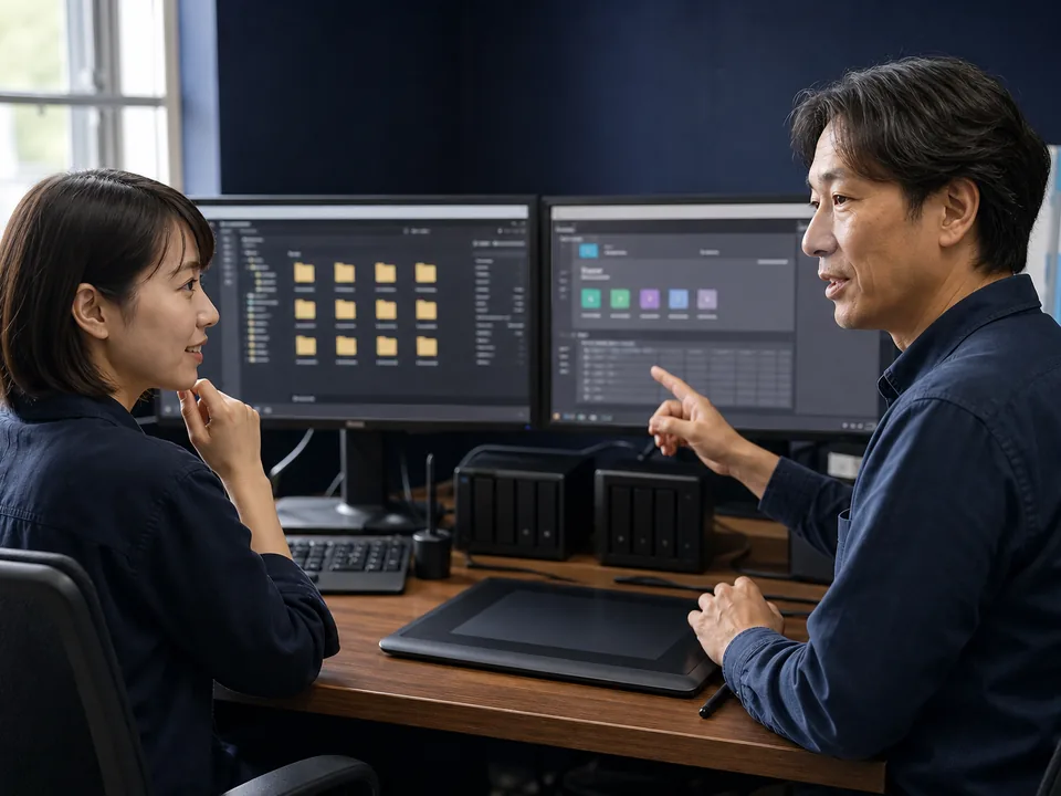 制作データのフォルダとアクセス権限を確認する2人の担当者