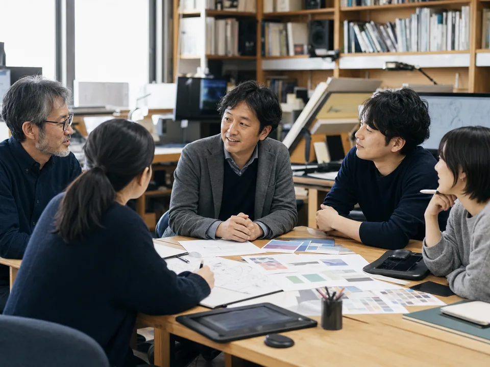 アニメ制作スタジオで制作体制について話し合う5人