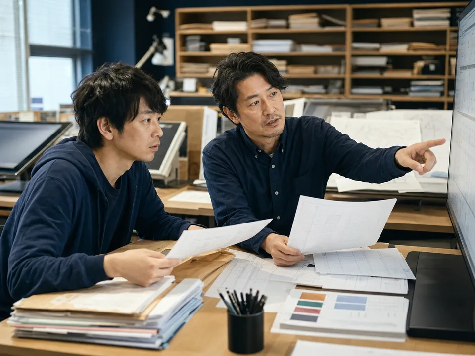 アニメ制作室で工程表を確認する2人の制作担当者