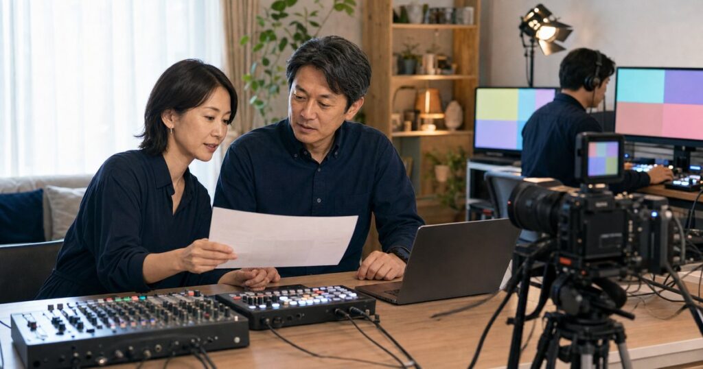 ライブ配信スタジオで承継資料を確認するプロデューサーと技術責任者