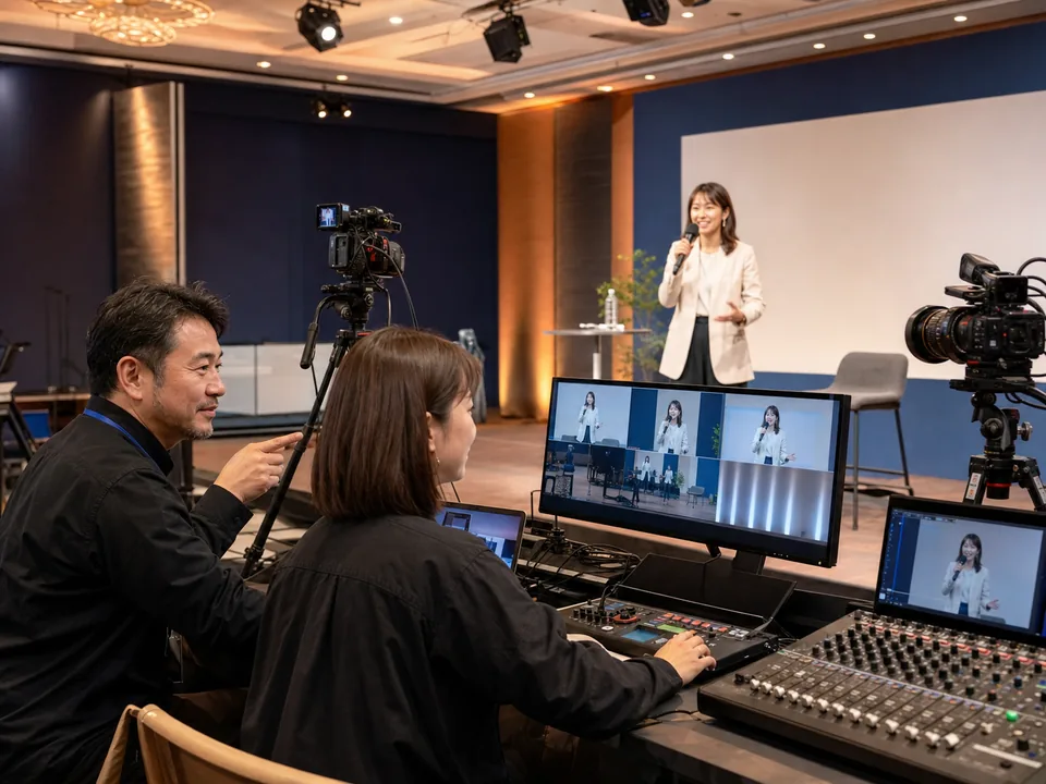 企業イベントの本番前にカメラと映像を確認する司会者とライブ配信チーム
