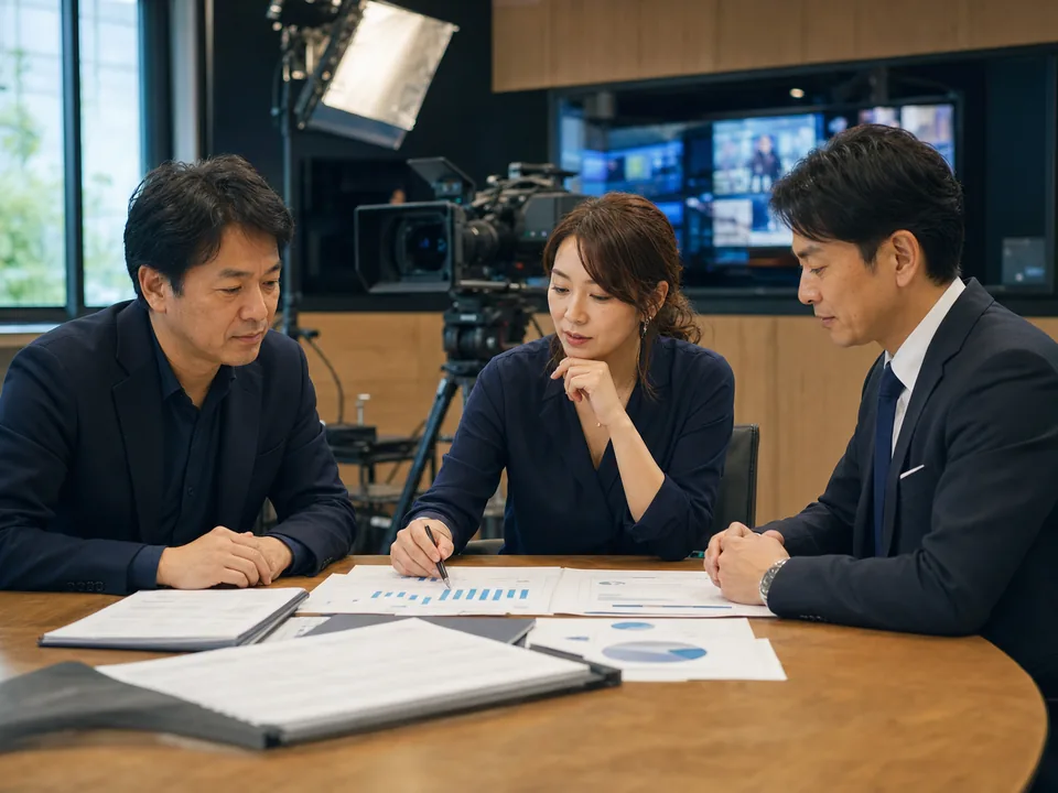 ライブ配信スタジオで承継資料を確認する経営者、プロデューサー、M&Aアドバイザー