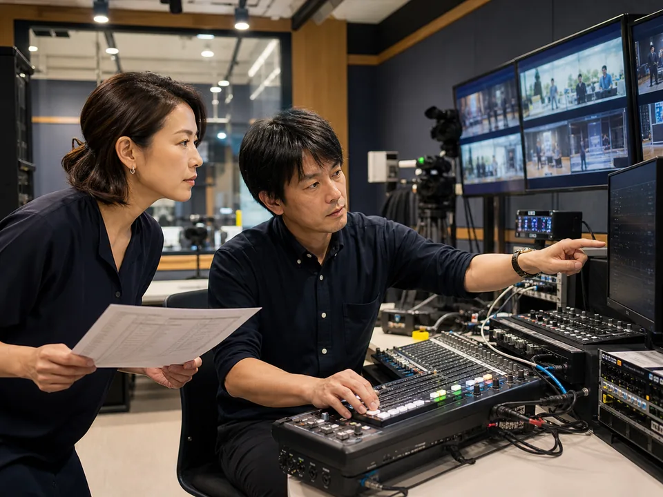 ライブ配信会社のM&Aに向け、配信スタジオで機材と予備回線を確認する技術チーム