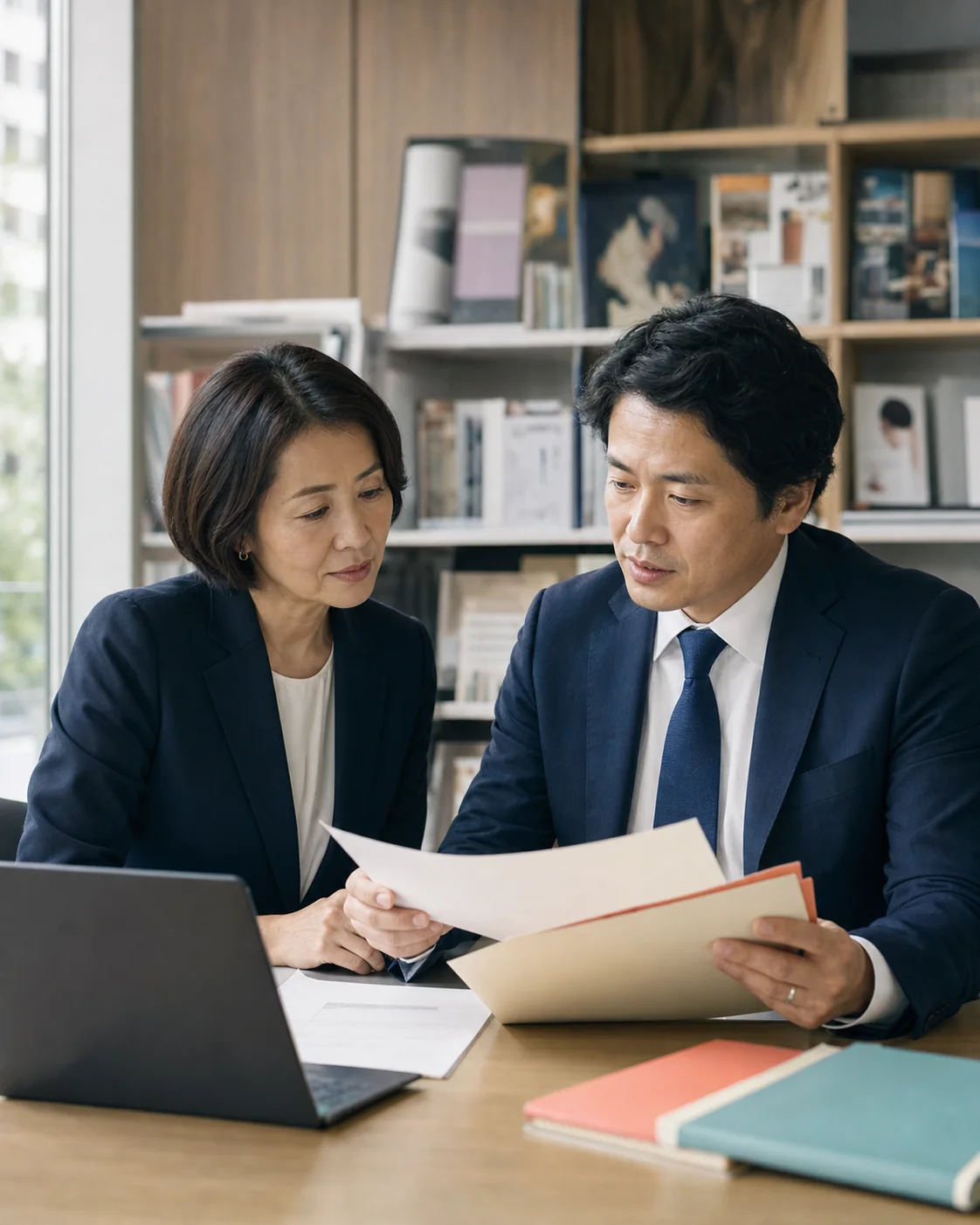 メディア企業の経営者とM&Aアドバイザーが匿名資料と秘密保持の進め方を確認する様子