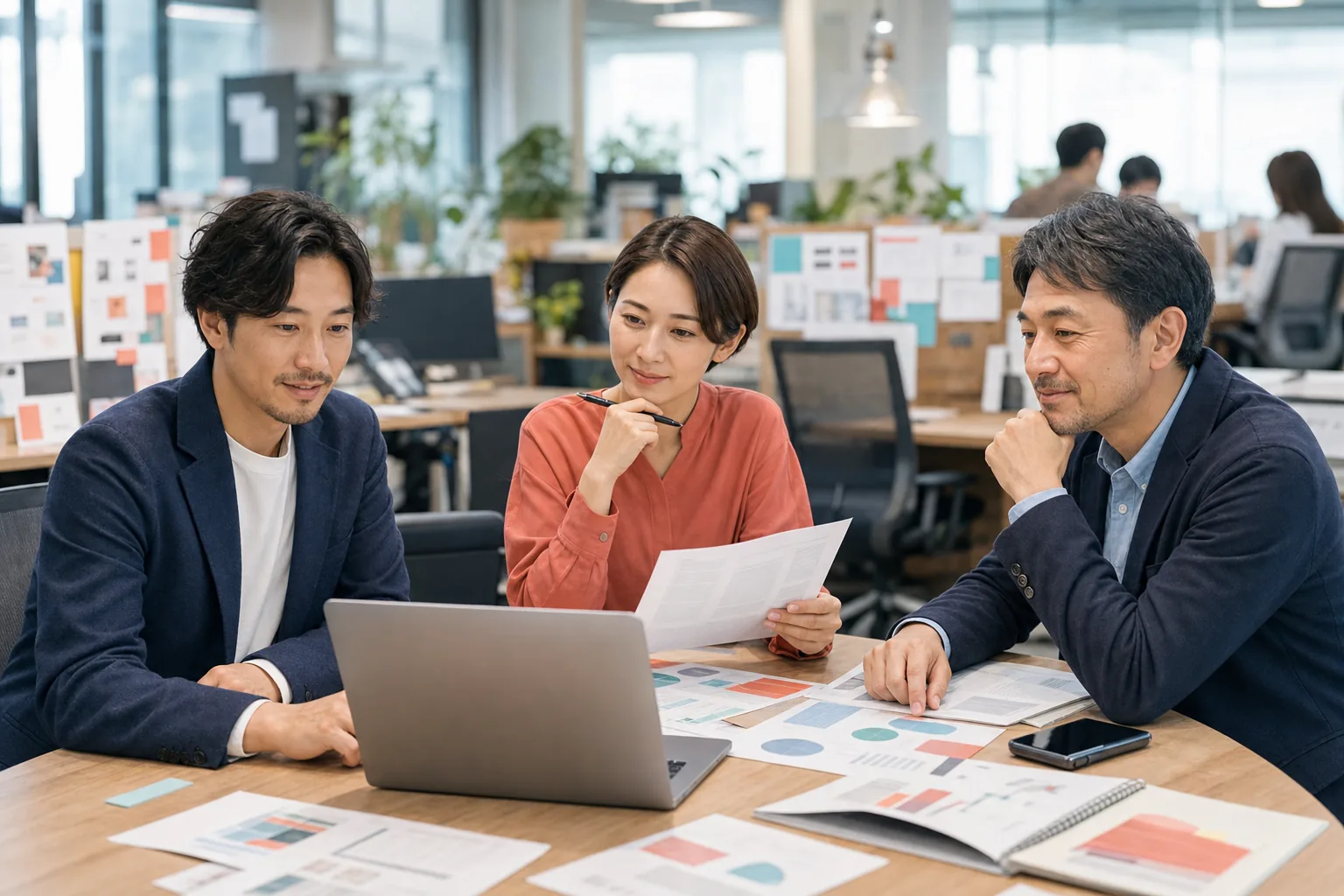 デジタルメディアの経営者と編集担当者が読者データとコンテンツ資産を確認する様子