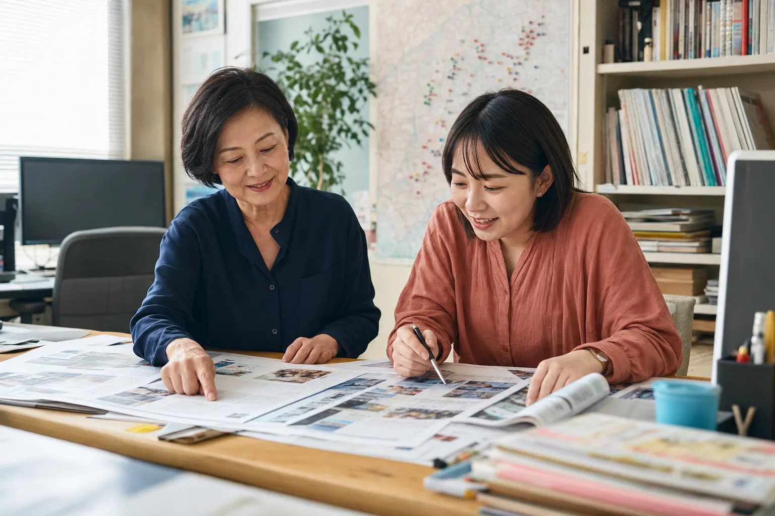 地域メディアの経営者と承継候補が紙面構成と地域情報の引き継ぎを確認する様子