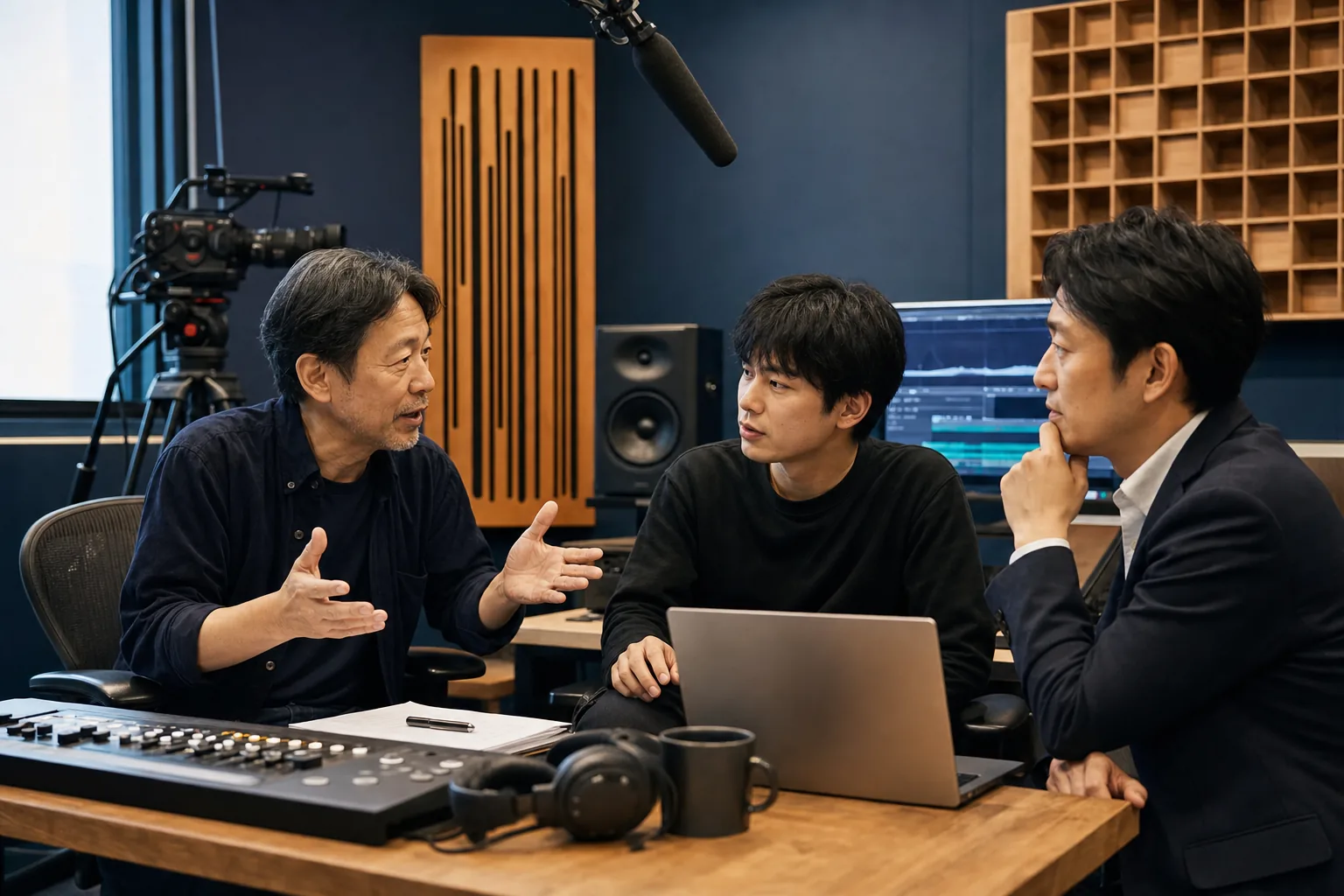 動画・音声制作スタジオで経営者と承継候補が制作体制を話し合う様子