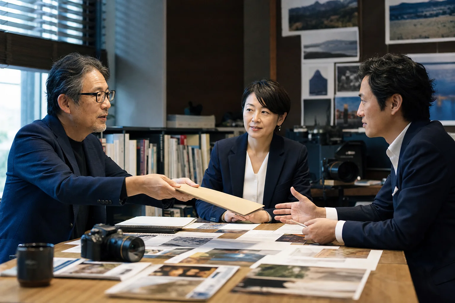 譲渡企業経営者と承継候補が編集方針と運営体制の引き継ぎを話し合う様子