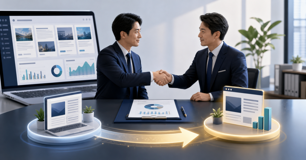 オウンドメディア M&Aの価値評価と事業承継を表すイメージ