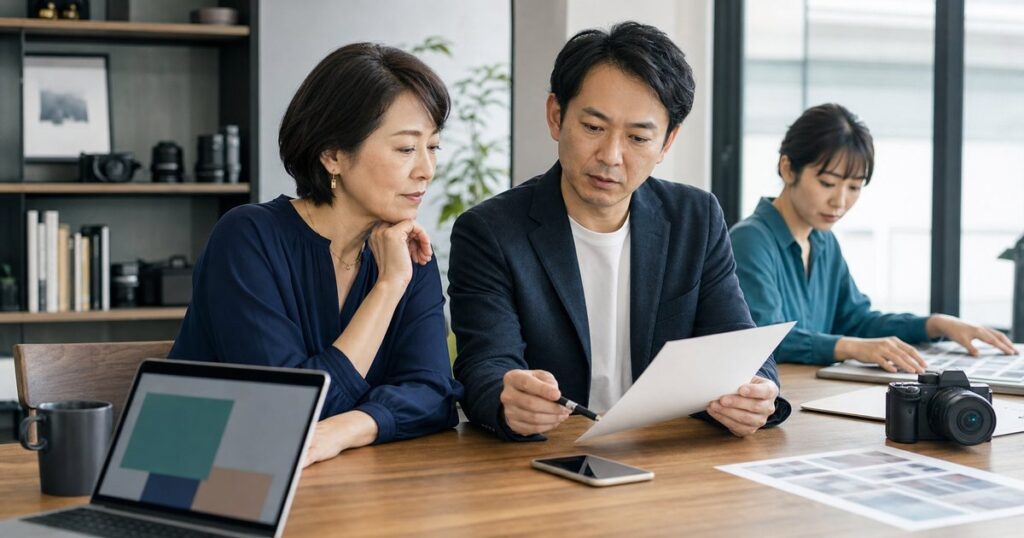 SNS運用会社 M&Aの承継資料を確認する経営者と運用担当者