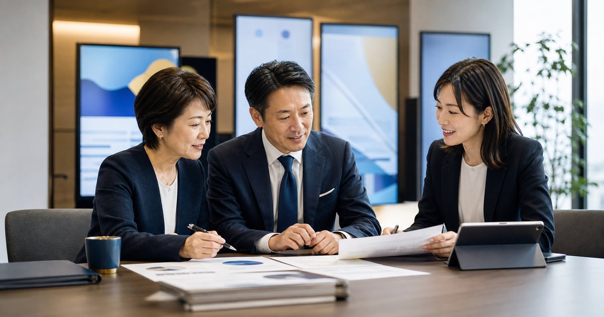 デジタルサイネージ会社のM&Aに向けて事業資料を確認する経営者と担当者