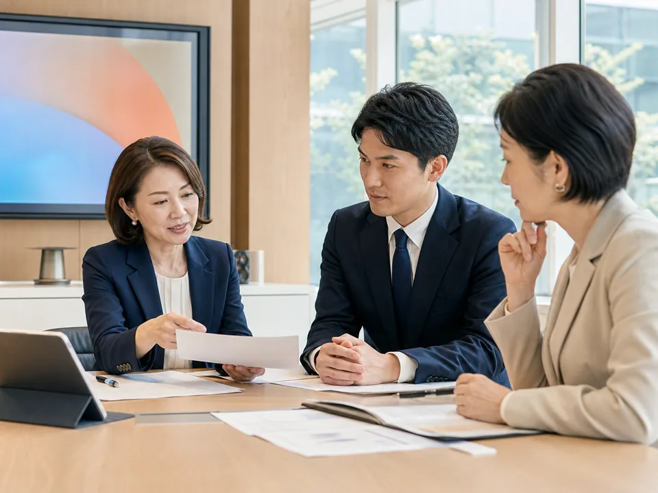 デジタルサイネージ会社のM&Aに向けてコンテンツ権利と契約を確認する経営者と専門家