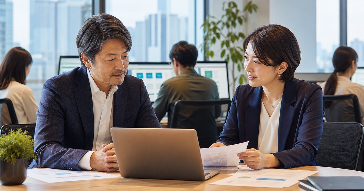 求人メディアのM&Aに向けて事業資料を確認する経営者とアドバイザー