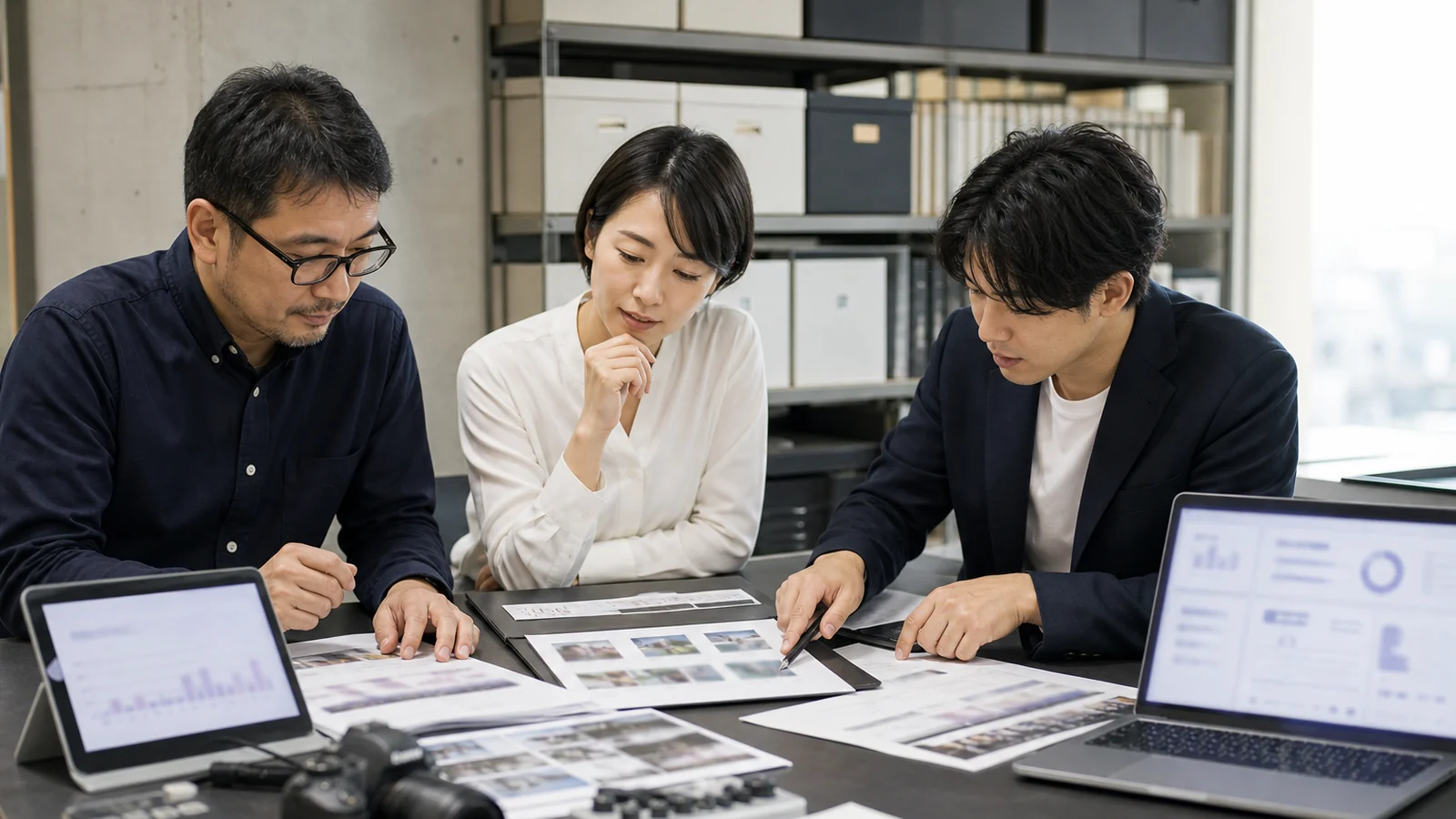 Webメディアや出版物、動画素材を並べてコンテンツ資産を整理する制作チーム